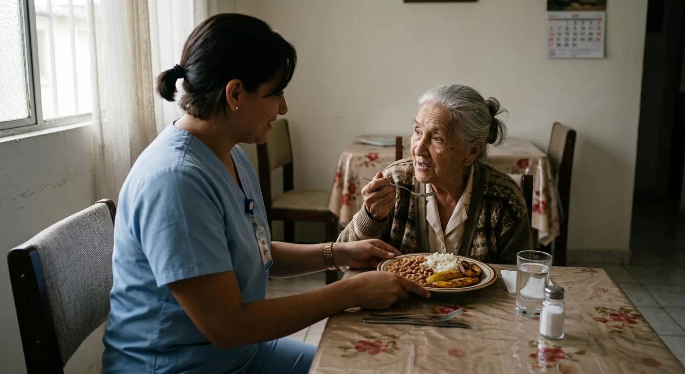Auxiliar de enfermería sosteniendo el plato mientras una adulta mayor almuerza en la mesa de su casa.
